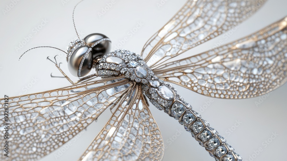 Fototapeta premium Close-up of a dragonfly with shimmering wings adorned with radiant diamonds and intricate jewelry, creating a luxurious look on a white background