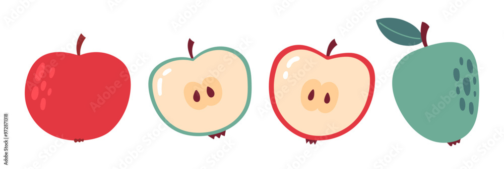 Apple set. Whole, half red and green juicy apples. Vegetarian organic food. Flat Vector illustration isolated on white background Apple set. Whole, half red and green juicy apples. Vegetarian organic food. Flat Vector illustration isolated on white background