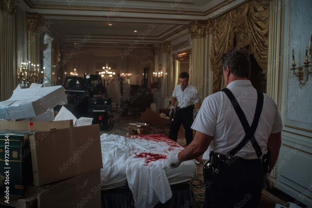 Naklejka premium Crime scene with police officers examining a bed covered in bloodstains amidst opulent surroundings, highlighting a stark contrast between luxury and violence.