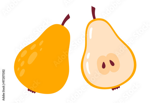 Yellow ripe juicy pear. Whole, half pears design elements. Vegetarian organic food. Flat Vector illustration isolated on white background 