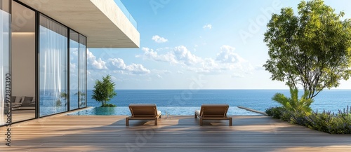 Beautiful skies, beach lounges, and the sparkling sea of summer vacation / Sunny Sandy Ocean beach / Simple and stylish