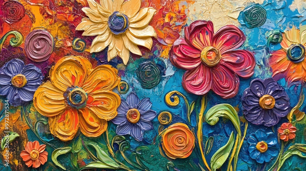 Colorful embossed flowers in an abstract painting with swirling patterns, forming a vibrant and textured floral composition full of energy