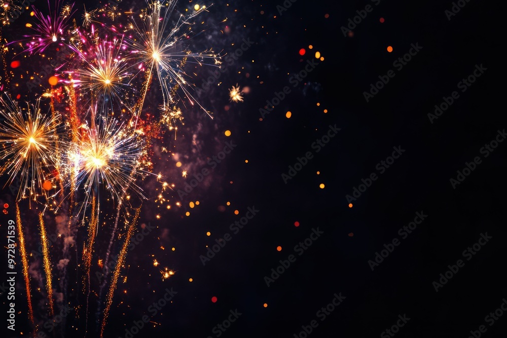 Obraz premium Festive Fireworks Display with Blurred Lights and Smoke Trails Against a Dark Night Sky