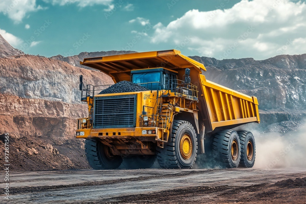 Large mining truck filled with coal on a road near a rocky hill, concept for the mining industry Large mining truck filled with coal on a road near a rocky hill, concept for the mining industry