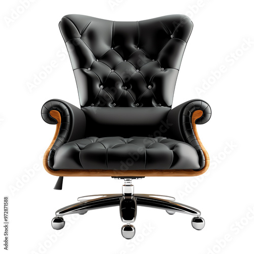 Luxurious black leather office chair with tufted backrest and wooden accents, perfect for executive workspaces or home offices., transparent background