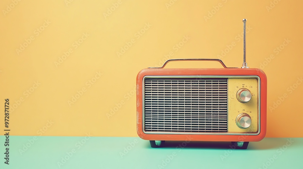 Obraz premium An old-fashioned red radio on a mint and yellow background.