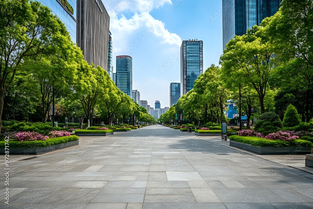 Empty paved walkway lined with green trees leading towards tall modern buildings in a city.