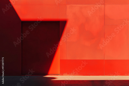 A brightly colored red wall with a bold shadow creating a stark contrast in a minimalist and modern composition. photo