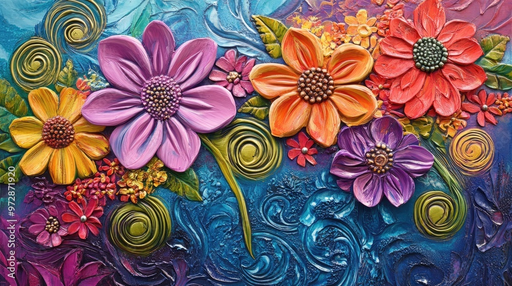 Embossed floral patterns in vibrant abstract painting, featuring swirling lines and flowers, forming a textured and colorful composition