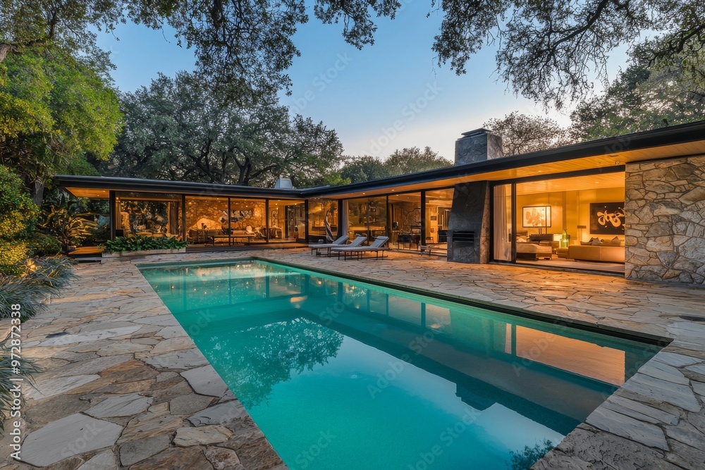 An exterior view of a modern home with an illuminated swimming pool An exterior view of a modern home with an illuminated swimming pool