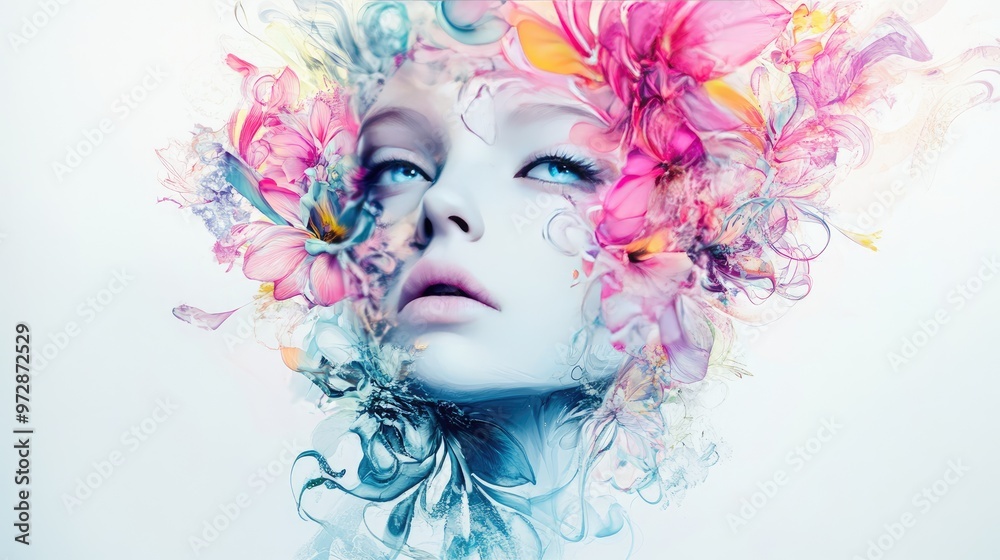 Intricate floral and swirling shapes in vibrant pink, blue, and light yellow hues forming a stylized woman's face on a white background Intricate floral and swirling shapes in vibrant pink, blue, and light yellow hues forming a stylized woman's face on a white background