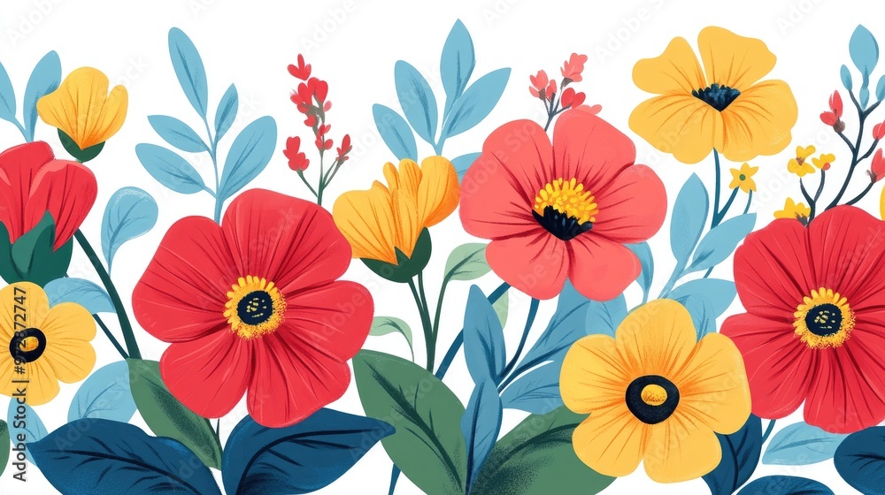 Intricately designed bright flowers in vivid colors, creating a flat, lush floral illustration on a clean white background