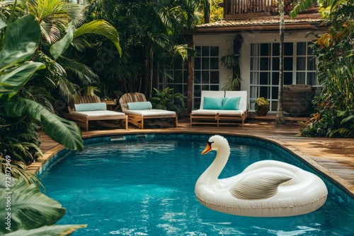 In a tropical garden pool villa, floating balloons are featured in the swimming pool