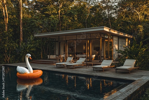Pool villa with floating balloons in tropical garden