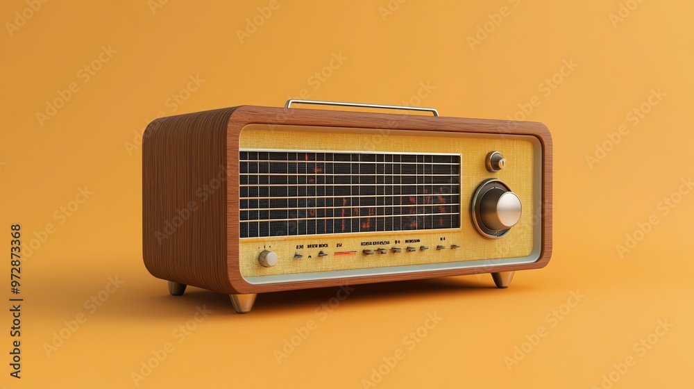 Fototapeta premium Vintage radio with wood grain finish on a orange background.