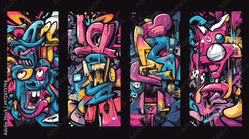 Naklejka premium Graffiti t shirt designs set, Streetwear graphic for clothing design. Graffiti poster illustration, Urban t-shirt design for print