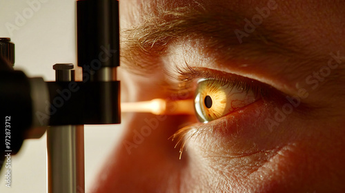 Close-up of a patientâ€™s eye with an optometrist holding a small light to examine pupil response photo