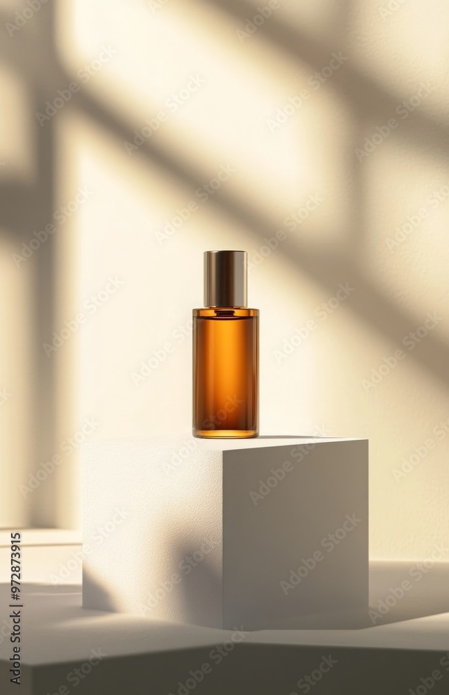 A simple, sleek cosmetic bottle standing on a white, minimalist podium, with soft natural lighting and smooth shadows A simple, sleek cosmetic bottle standing on a white, minimalist podium, with soft natural lighting and smooth shadows