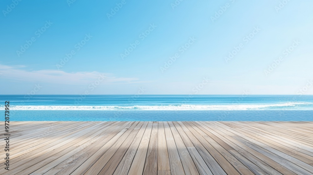Fototapeta premium 3D rendering of a comfortable lounge chair on a terrace with a view of the garden and swimming pool in a modern beach house or luxury villa. Hotel outdoor rendering featuring the sea.