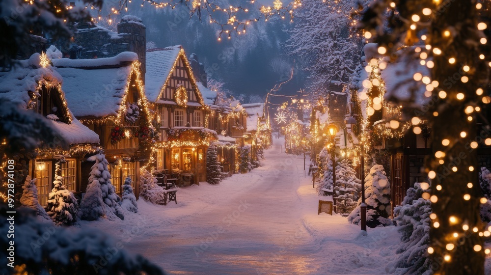 Fototapeta premium Quaint Christmas village street, where snow-covered homes and shimmering lights create