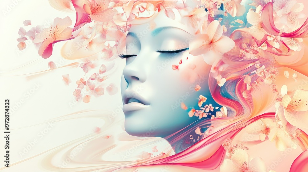 Swirling shapes and intricate floral designs in shades of pink, blue, and light yellow beautifully enhancing a stylized woman's face on a white background Swirling shapes and intricate floral designs in shades of pink, blue, and light yellow beautifully enhancing a stylized woman's face on a white background