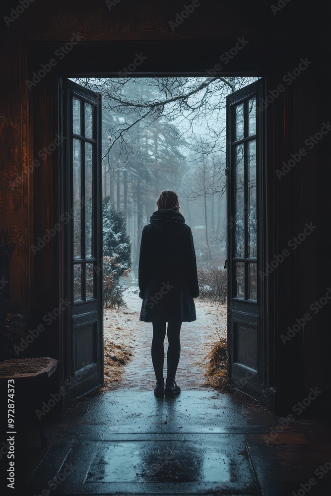 A solitary figure stands in an open doorway, gazing at a frosty, misty landscape, This image is ideal for themes of solitude, contemplation, or winter scenery, A solitary figure stands in an open doorway, gazing at a frosty, misty landscape, This image is ideal for themes of solitude, contemplation, or winter scenery,