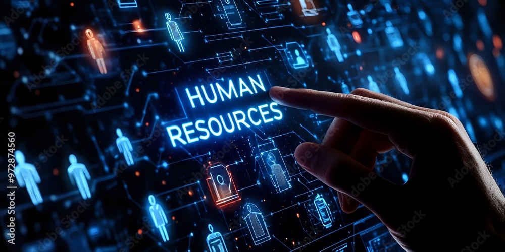 Hand reaching for a glowing blue button on a digital screen that reads Hand reaching for a glowing blue button on a digital screen that reads