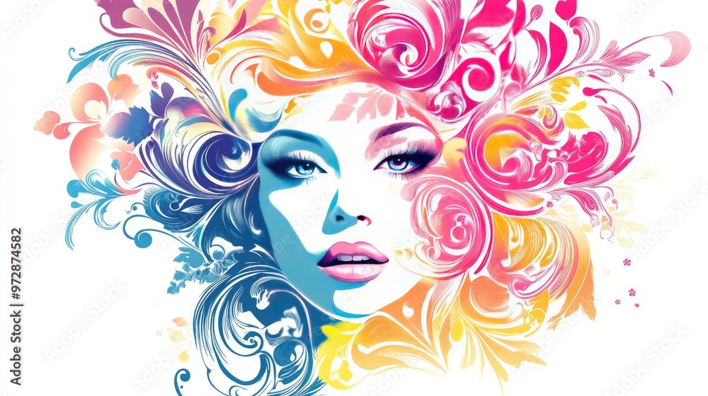 Vector illustration of a stylized woman's face with intricate swirling floral patterns in pink, blue, and yellow on a clean white background Vector illustration of a stylized woman's face with intricate swirling floral patterns in pink, blue, and yellow on a clean white background