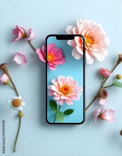 MObile mockup, with different flowers color of wall paper , and blur background 3D wallpapers photo