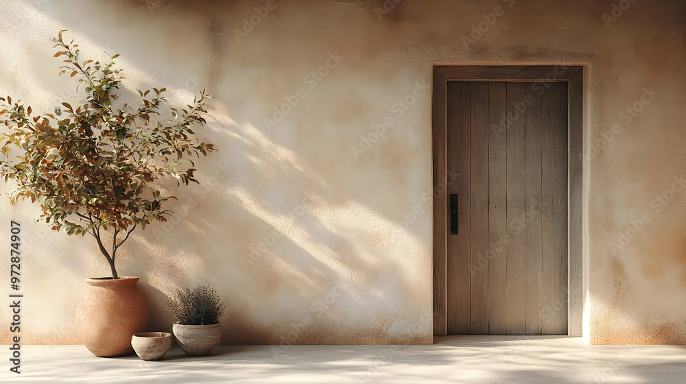 A serene entryway featuring a wooden door, potted plants, and warm earthy tones. A serene entryway featuring a wooden door, potted plants, and warm earthy tones.