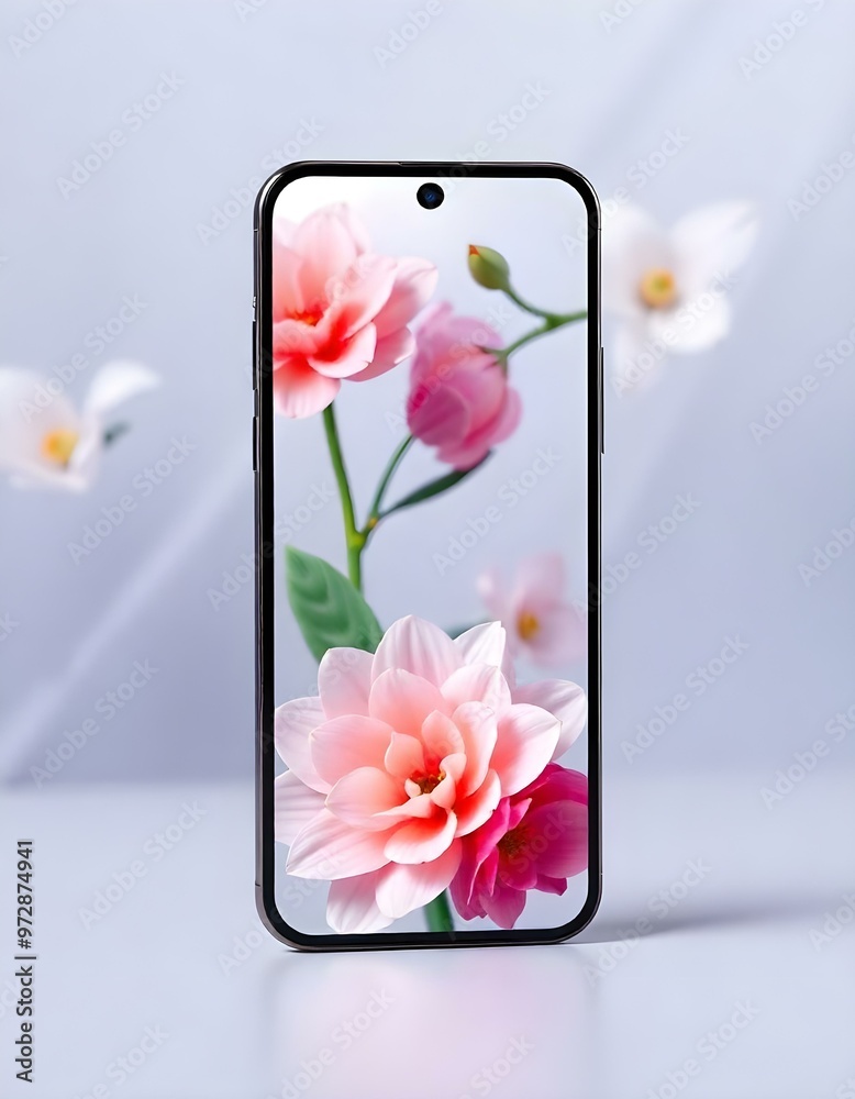 MObile mockup, with different flowers color of wall paper , and blur background 3D wallpapers MObile mockup, with different flowers color of wall paper , and blur background 3D wallpapers