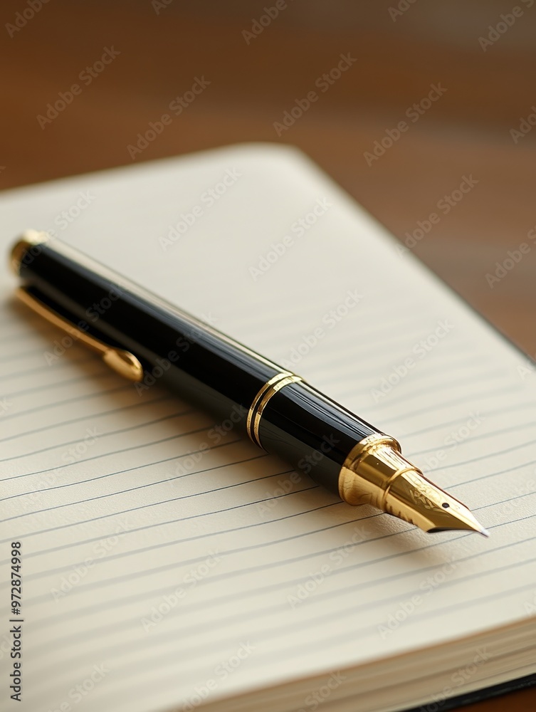 A sleek black fountain pen with gold accents lying on an open lined notebook, ideal for themes related to writing, journaling, creativity, or office supplies marketing, A sleek black fountain pen with gold accents lying on an open lined notebook, ideal for themes related to writing, journaling, creativity, or office supplies marketing,