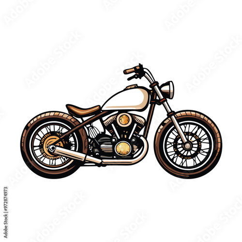 A vintage bobber motorcycle with a spring seat, featuring a white gas tank and brown wheels.