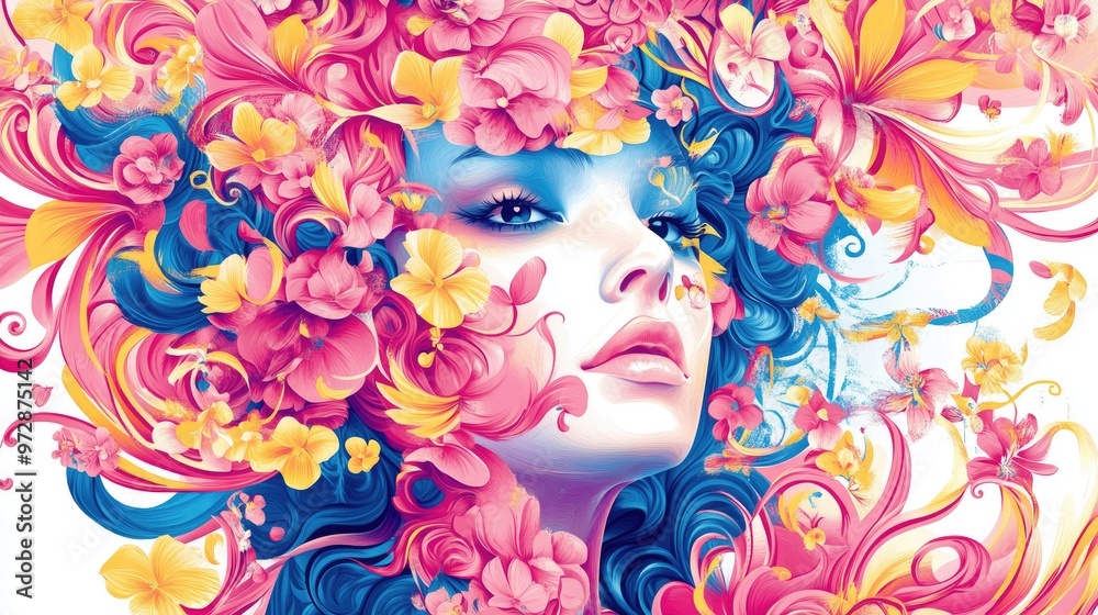 Vibrant floral and swirling patterns in pink, blue, and yellow enhancing the elegance of a stylized woman's face on a white background Vibrant floral and swirling patterns in pink, blue, and yellow enhancing the elegance of a stylized woman's face on a white background
