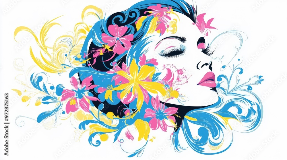 Vibrant floral and swirling patterns in pink, blue, and yellow enhancing the elegance of a stylized woman's face on a white background