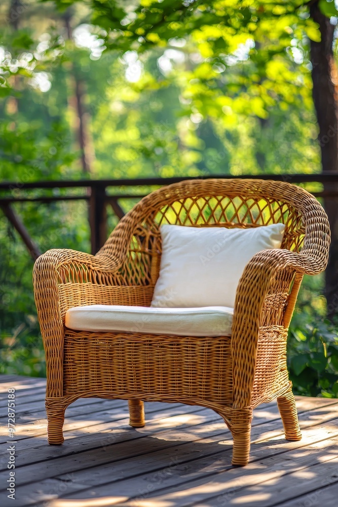 Fototapeta premium Garden with wicker armchair and pillow on green terrace