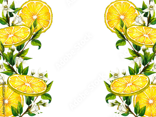 Watercolor frame with lemon tree branches and white flowers. Hand drawn botanical illustration of yellow citrus fruits. Clipart objects for design and decoration, package, cards