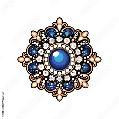 A vintage brooch with a large sapphire surrounded by a circle of pearls.