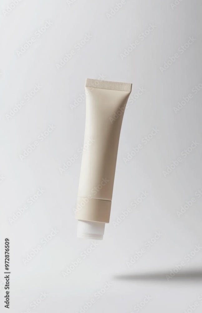 A floating cosmetic tube with a matte finish, suspended in mid-air against a pure white background, designed to highlight its simplicity A floating cosmetic tube with a matte finish, suspended in mid-air against a pure white background, designed to highlight its simplicity