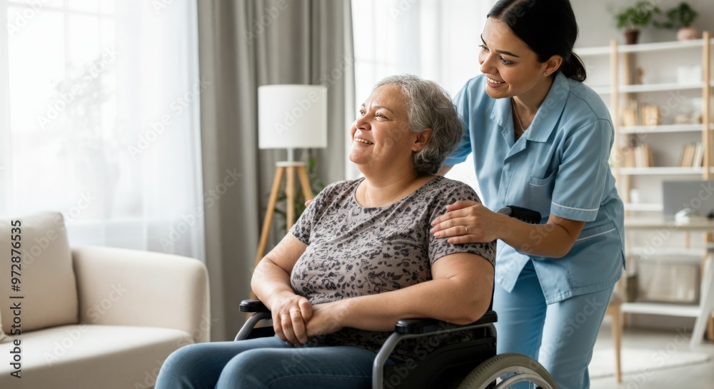 Happy senior woman in wheelchair with her caregiver