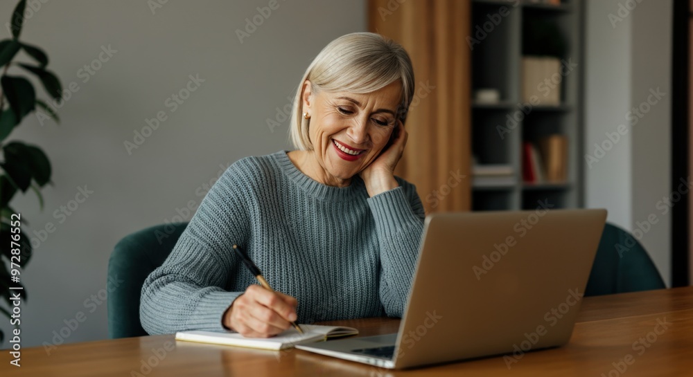 Happy Woman Writing In Notebook With Laptop Computer At Home Happy Woman Writing In Notebook With Laptop Computer At Home