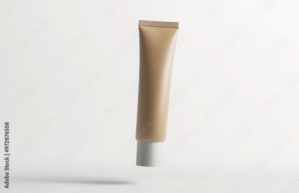 A floating cosmetic tube with a matte finish, suspended in mid-air against a pure white background, designed to highlight its simplicity A floating cosmetic tube with a matte finish, suspended in mid-air against a pure white background, designed to highlight its simplicity