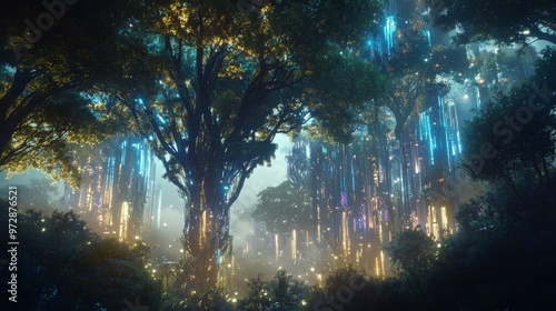 Imagine a dense, vibrant forest where the trees are partially made of living wood and partially cybernetic components. 