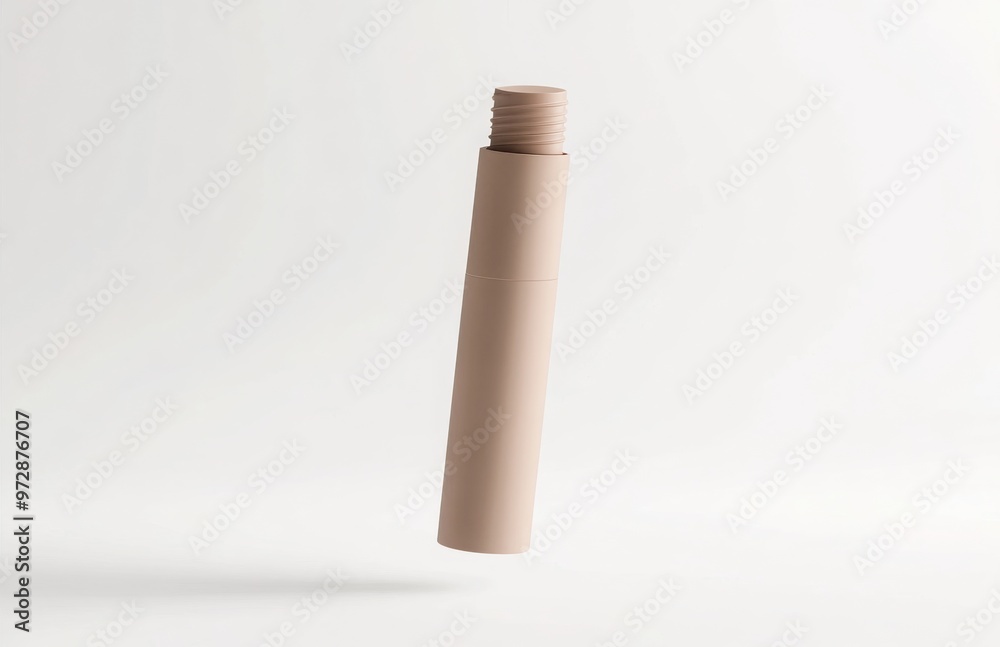 A floating cosmetic tube with a matte finish, suspended in mid-air against a pure white background, designed to highlight its simplicity A floating cosmetic tube with a matte finish, suspended in mid-air against a pure white background, designed to highlight its simplicity