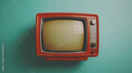 A vintage red television with a blank screen.