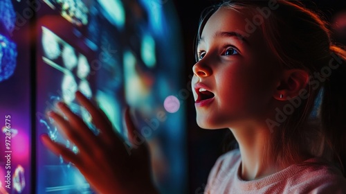 A girl's amazed look as she interacts with interactive digital exhibits at a science museum