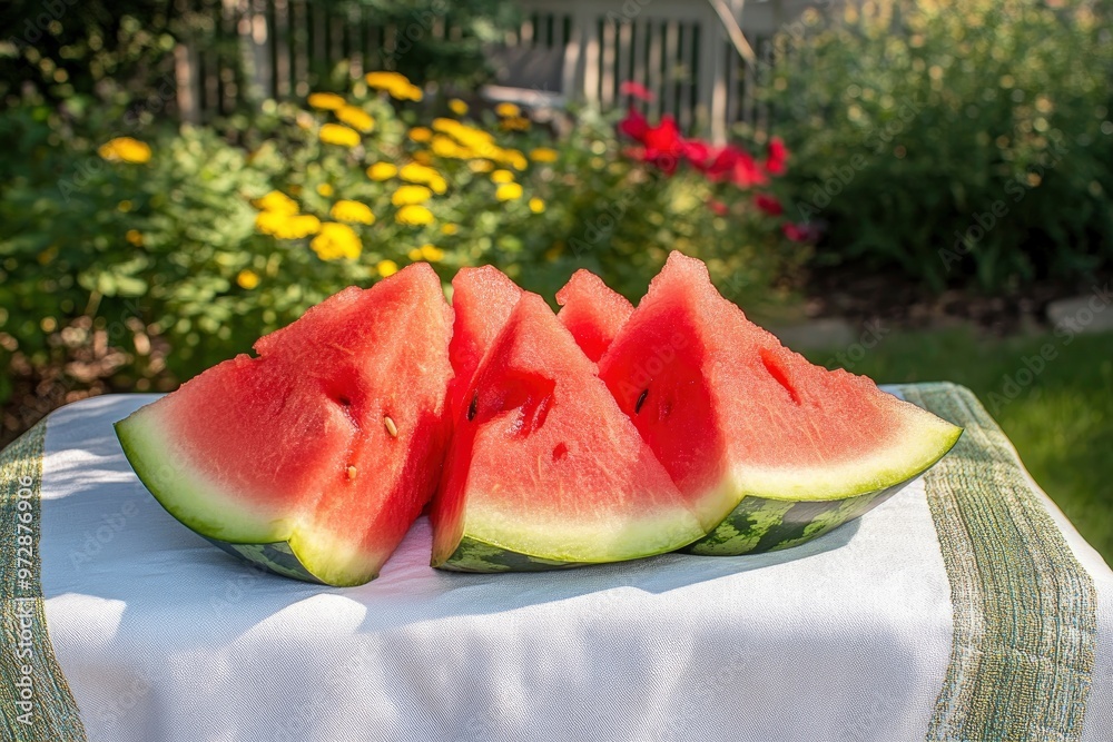 Tasty sliced watermelon on table outdoors Tasty sliced watermelon on table outdoors