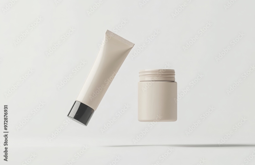A floating cosmetic tube and jar set, both suspended side by side in mid-air, with a pure white background highlighting their shapes A floating cosmetic tube and jar set, both suspended side by side in mid-air, with a pure white background highlighting their shapes