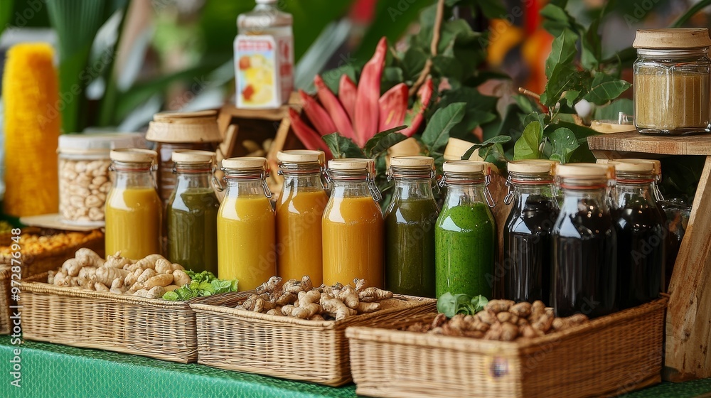 Vibrant Herbal Drinks Stall at East Asian Festival with Colorful Setup Using Natural Ingredients Vibrant Herbal Drinks Stall at East Asian Festival with Colorful Setup Using Natural Ingredients