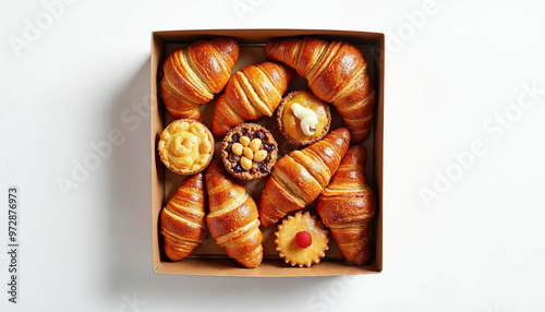 Top view of a box with various freshly baked pastries, showcasing their texture and appeal.






 photo